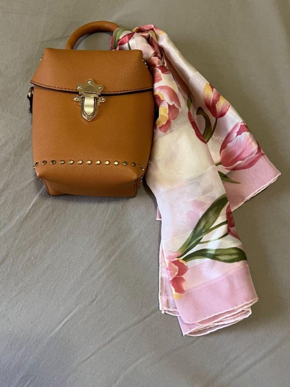 Coquette Brown Mini Bag With removable baby pink Floral Satin Scarf
